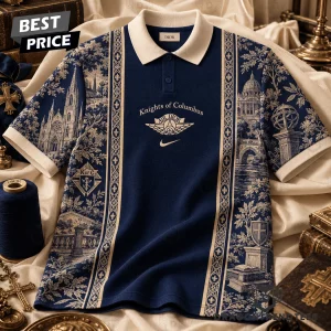 Knights of Columbus KofC Premium Vintage Cathedral Print Navy Blue Polo Shirt