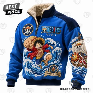 One Piece Anime Monkey D Luffy Straw Hat Pirates Sherpa Lined Quarter-Zip Fleece Sweatshirt