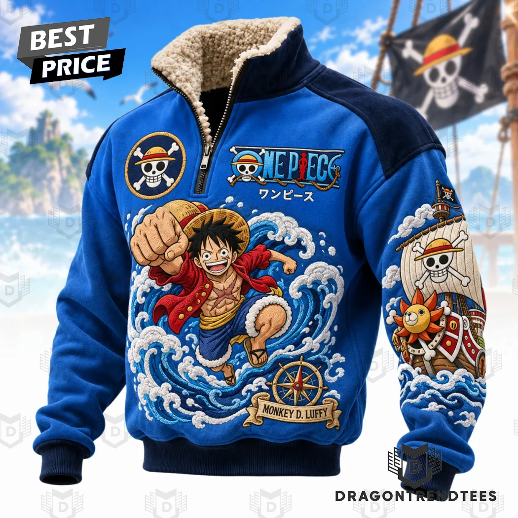 One Piece Anime Monkey D Luffy Straw Hat Pirates Sherpa Lined Quarter-Zip Fleece Sweatshirt One Piece Anime Monkey D Luffy Straw Hat Pirates Sherpa Lined Quarter-Zip Fleece Sweatshirt