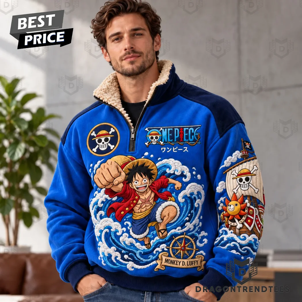 One Piece Anime Monkey D Luffy Straw Hat Pirates Sherpa Lined Quarter-Zip Fleece Sweatshirt One Piece Anime Monkey D Luffy Straw Hat Pirates Sherpa Lined Quarter-Zip Fleece Sweatshirt