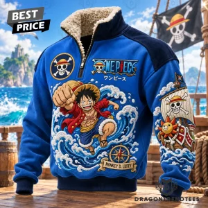 One Piece Anime Monkey D Luffy Straw Hat Pirates Sherpa Lined Quarter-Zip Fleece Sweatshirt